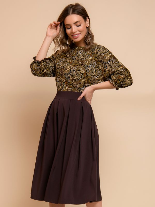 Dark brown midi length dress with printed top and batwing sleeve