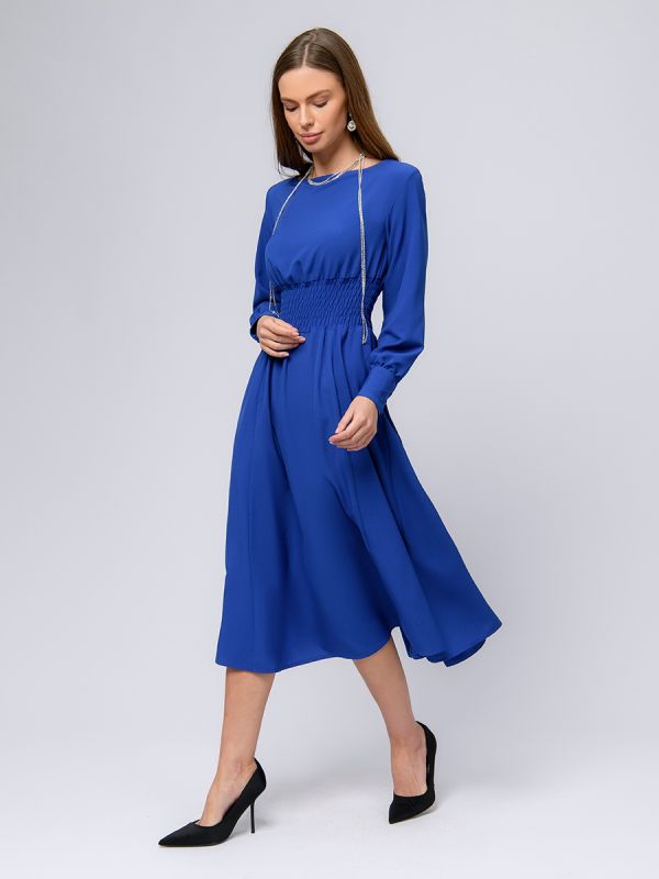 Blue midi length dress with wide elastic band at waist