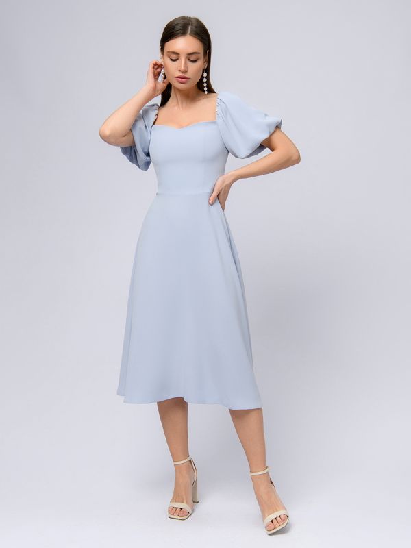 Grey-blue midi length dress with open shoulders