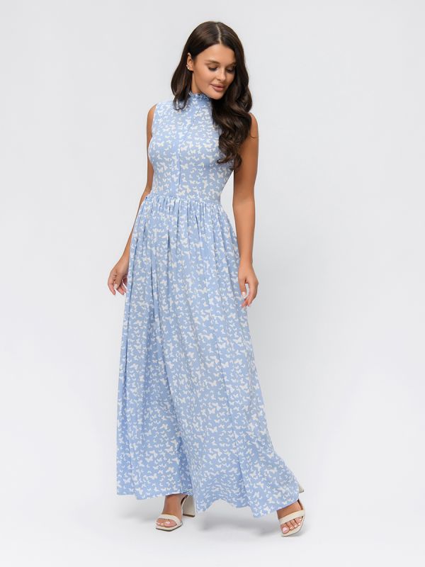 Sleeveless blue print maxi length dress