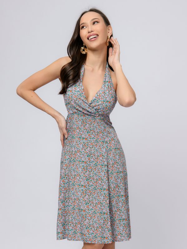 Mini length blue floral print dress with neck ties