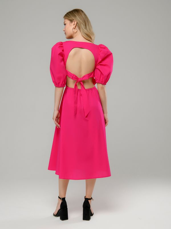 Fuchsia color dress with puffed sleeves and open back midi length