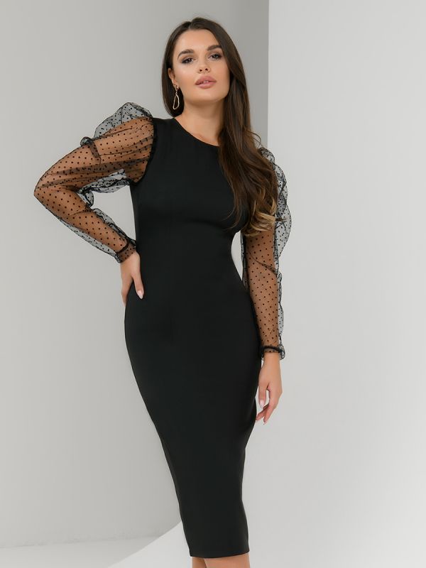 Black midi length fitted dress with tulle sleeves