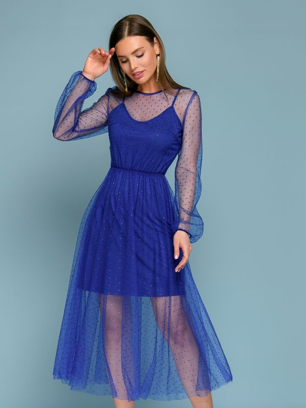 Blue color midi length dress with rhinestones