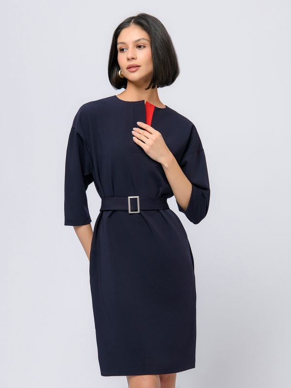 Blue midi length dress with red insert and 3/4 sleeves