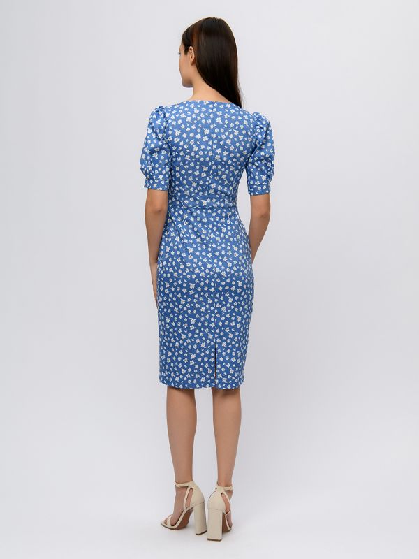 Blue floral print midi length dress with short sleeves