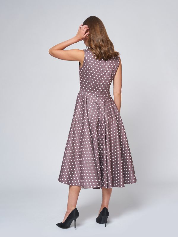 Beige polka dot midi length retro dress