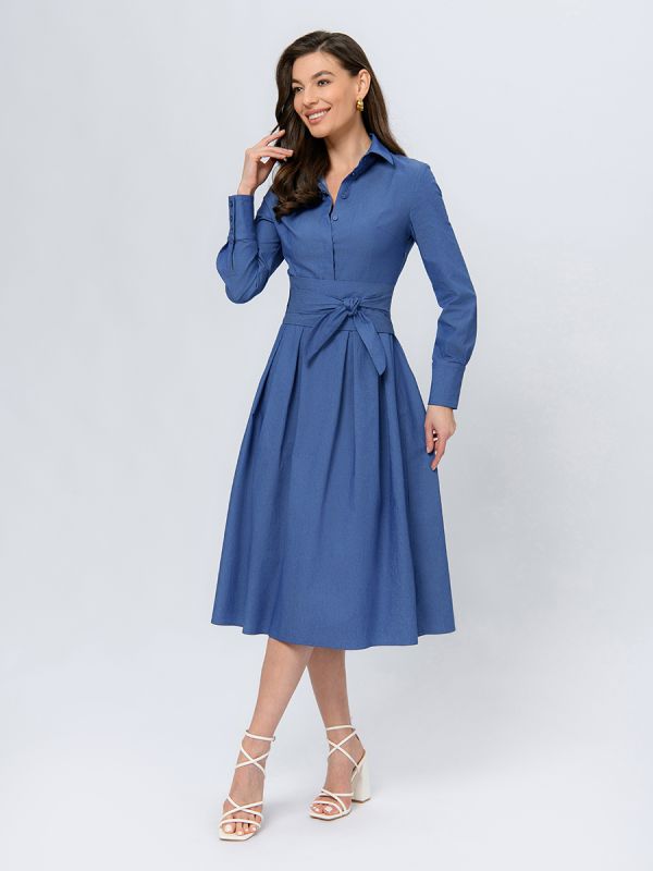 Blue colored midi length dress with collar and belted waist