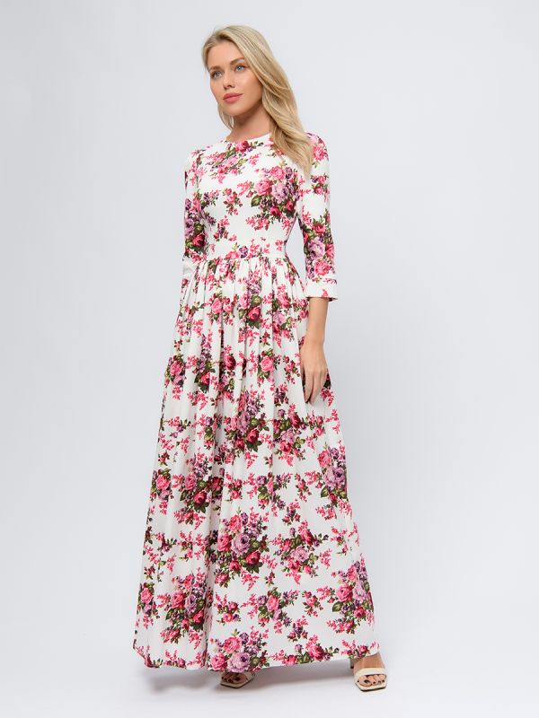 White maxi length dress with floral print and 3/4 sleeves