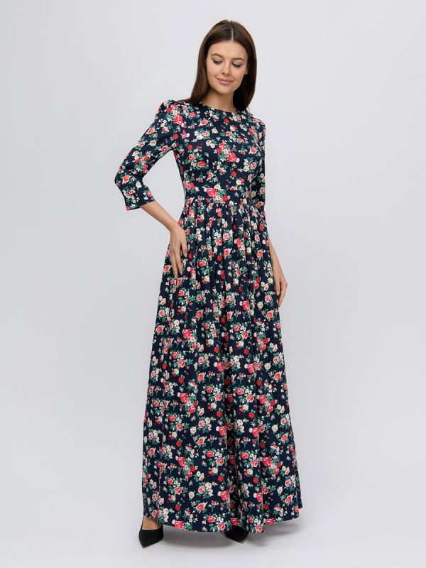 Dark blue maxi length dress with floral print and 3/4 sleeves