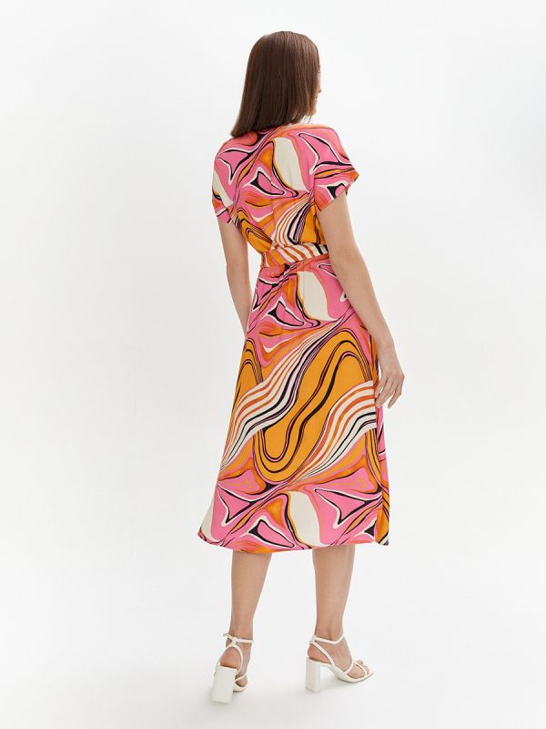 Midi length dress with abstract print and waistband