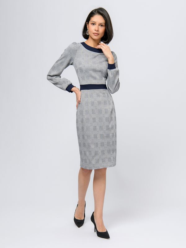 Grey dress with blue trim and long sleeves