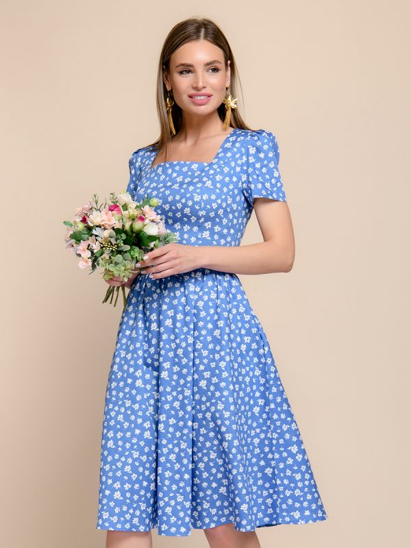 Retro blue floral midi length dress with floral print