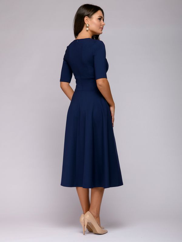 Blue midi length dress with deep neckline and 1/2 sleeves