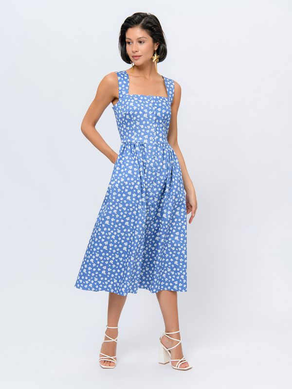 Blue colored midi length dress with print on straps