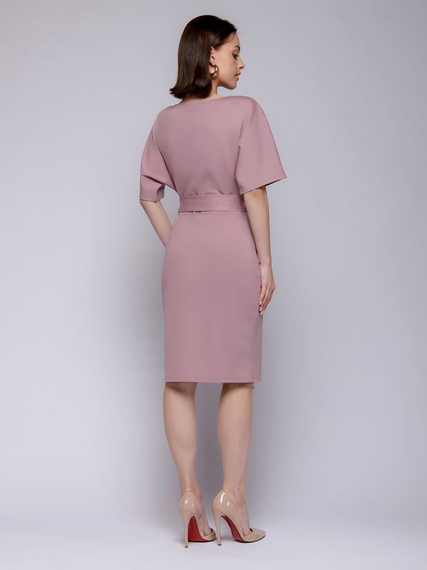 Pink mini length dress with waistband and batwing sleeve