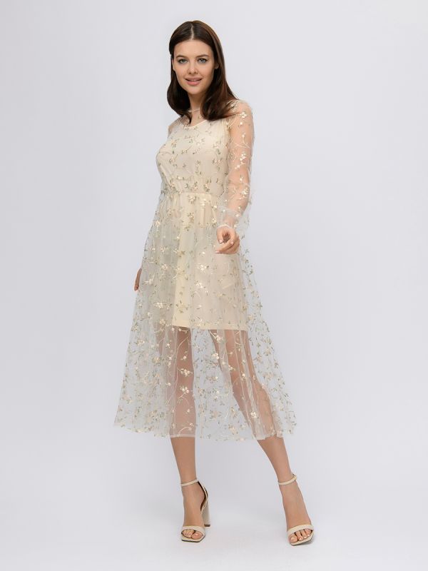 Beige colored midi length dress with embroidery