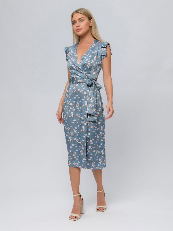 Blue floral print dress with flap and flounces on shoulders