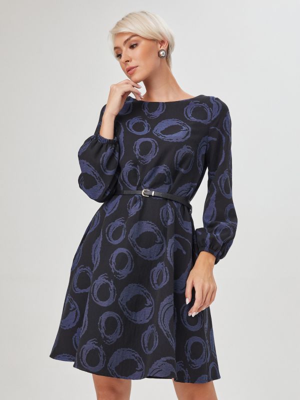 Mini length black print dress with lantern sleeves