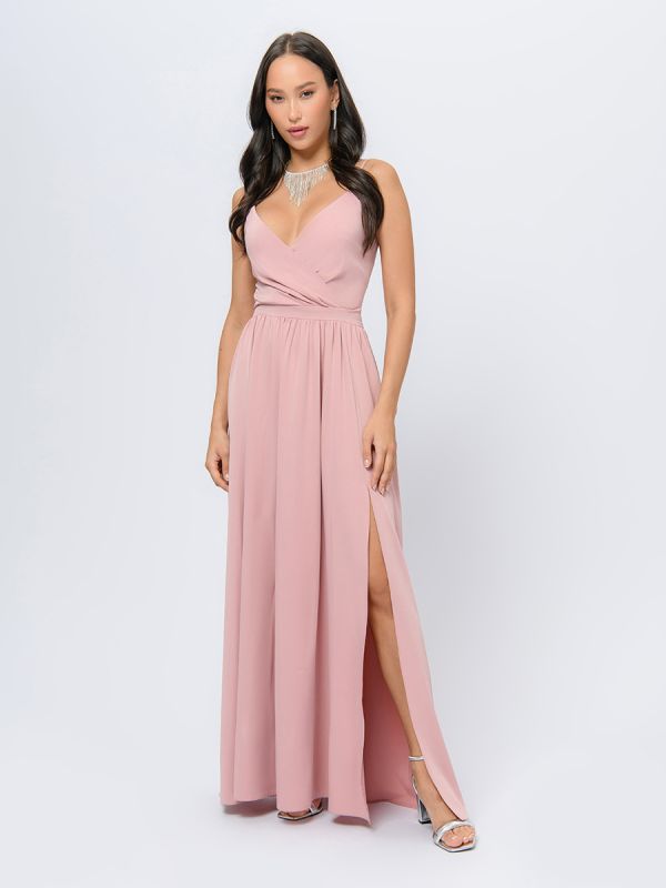 Powder-colored maxi dress with straps and slit skirt