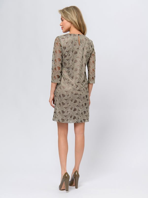 Beige colored mini length dress with gold embroidery and 3/4 sleeves