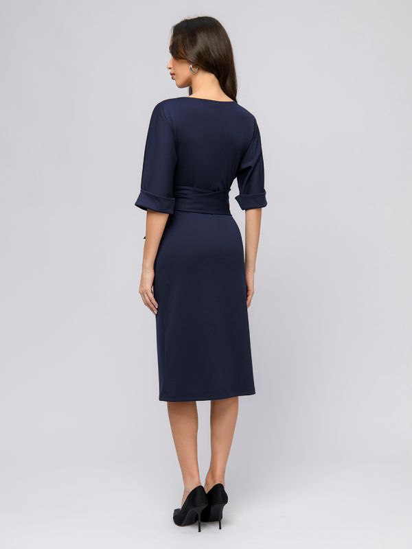 Dark blue midi length dress with belt and batwing sleeve