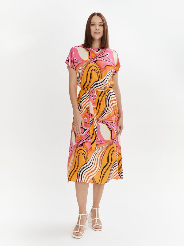 Midi length dress with abstract print and waistband