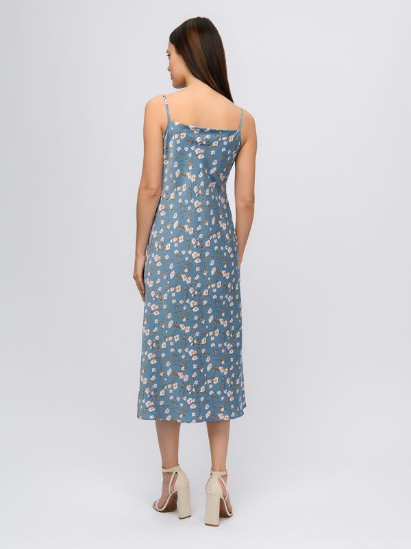 Blue floral print midi length dress with straps