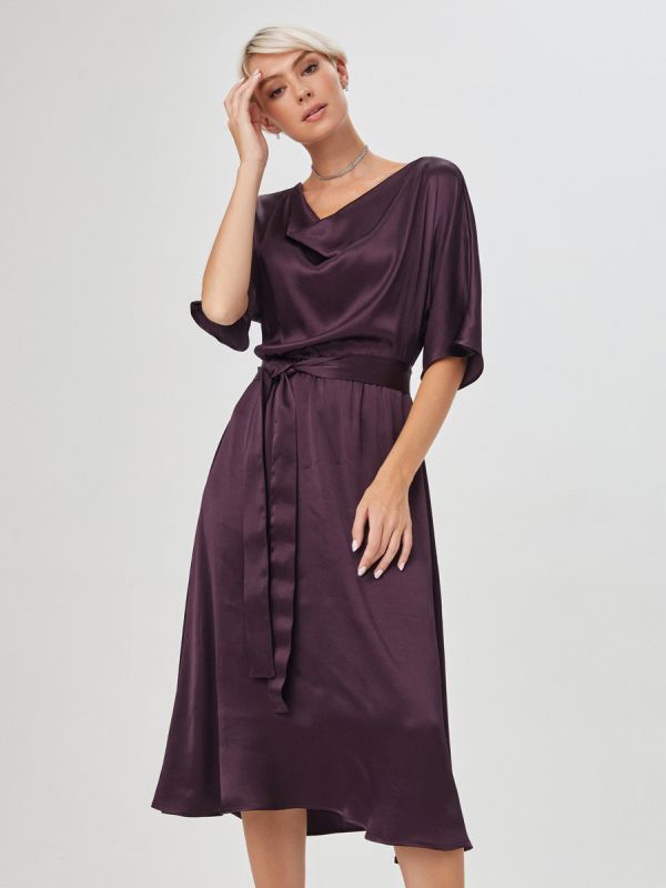 Dark purple midi length dress with short sleeves and belted waist