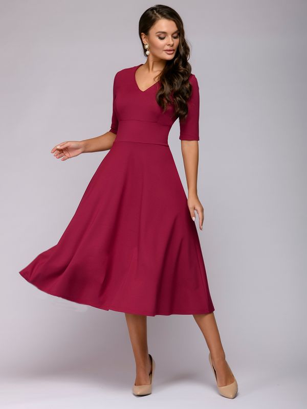 Midi length burgundy dress with deep neckline and 1/2 sleeves