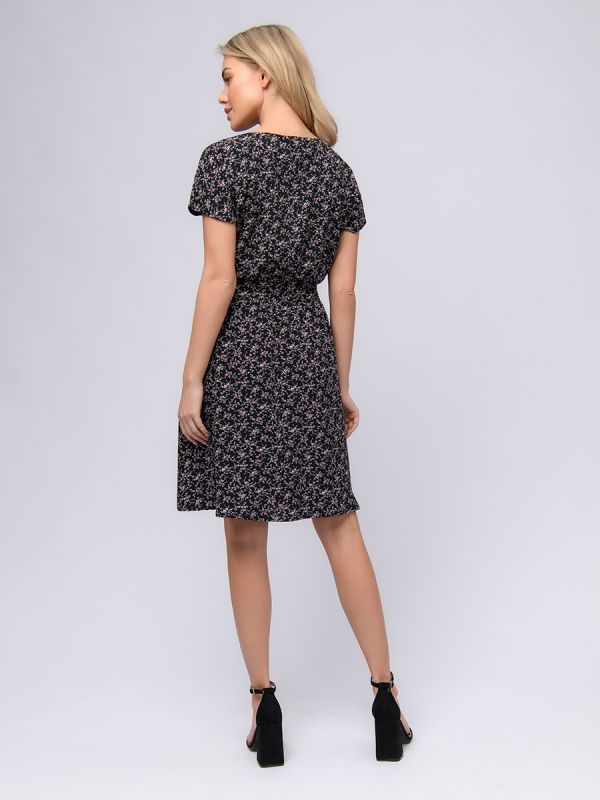 Black color print mini length dress with short sleeves