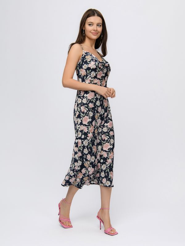 Navy blue floral print midi length strappy dress