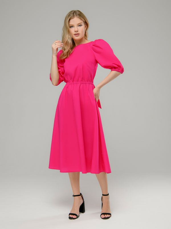 Fuchsia color dress with puffed sleeves and open back midi length