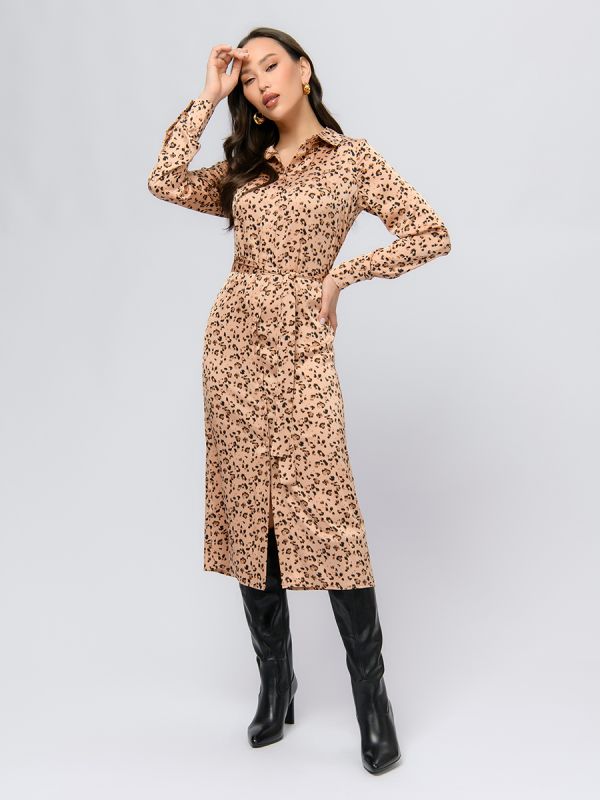 Beige color midi length dress with print and long sleeves