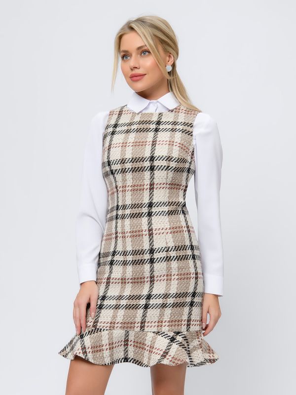 Beige plaid tweed mini sleeveless dress