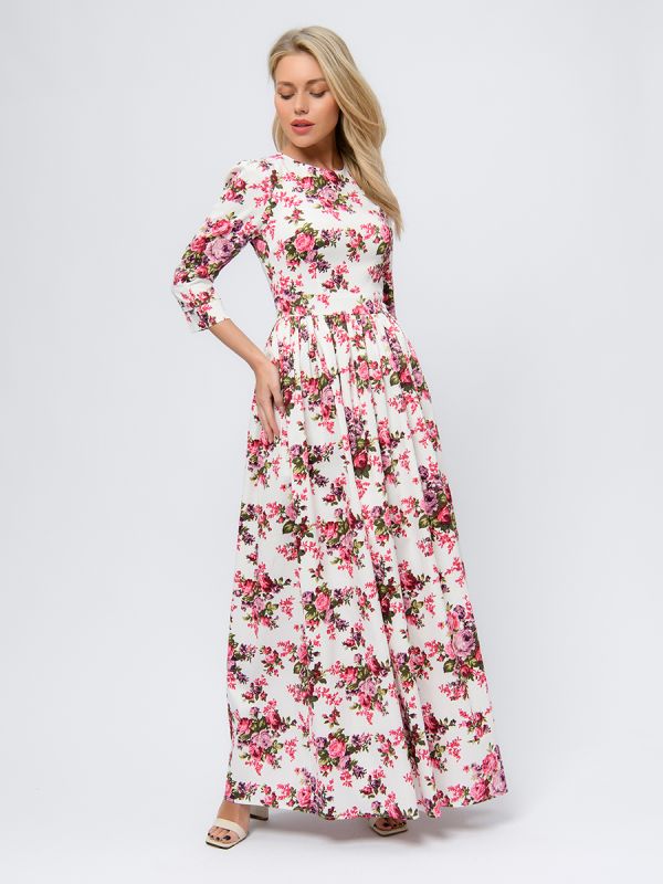 White maxi length dress with floral print and 3/4 sleeves