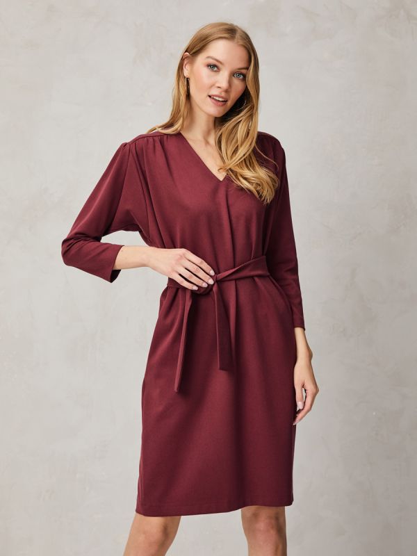 Burgundy dress with gathers on shoulders and waistband