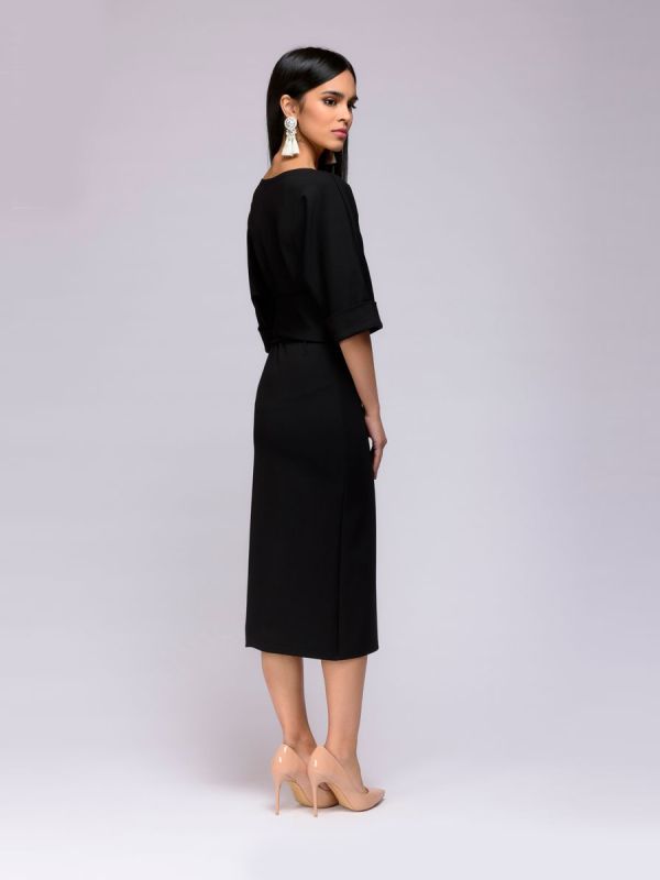 Black midi length dress with belt and batwing sleeve