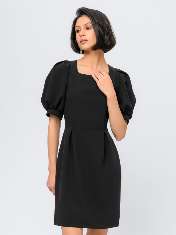 Black mini length dress with rectangular neckline