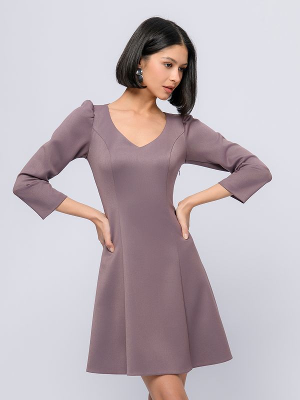 Mini length mocha colored dress with 3/4 sleeves and v-neckline