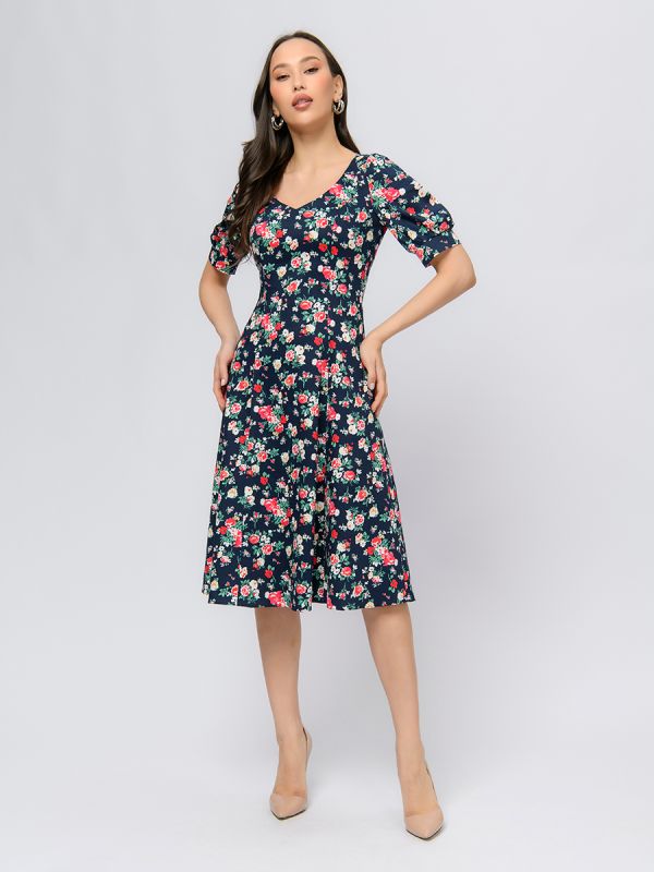 Dark blue midi length dress with floral print and V-neckline