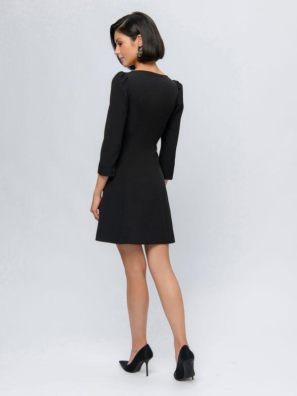 Black mini length dress with 3/4 sleeves and v-neckline