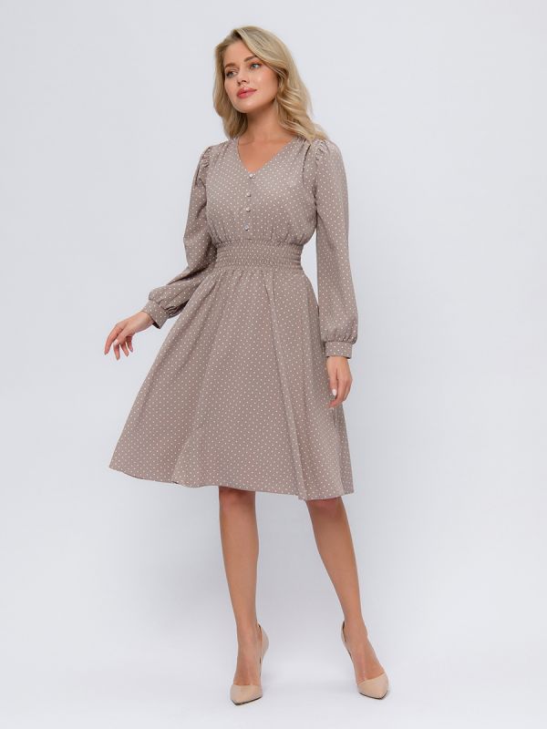 Beige polka dot midi length dress with wide elastic band at waist