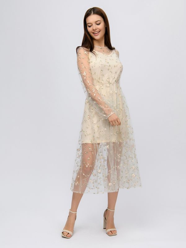 Beige colored midi length dress with embroidery