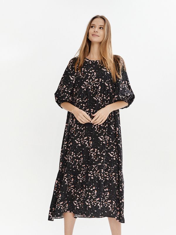 Black printed midi dress with flounce and wide sleeves