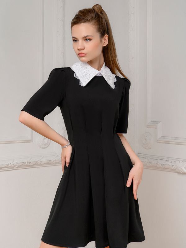 Black mini length dress with lace collar