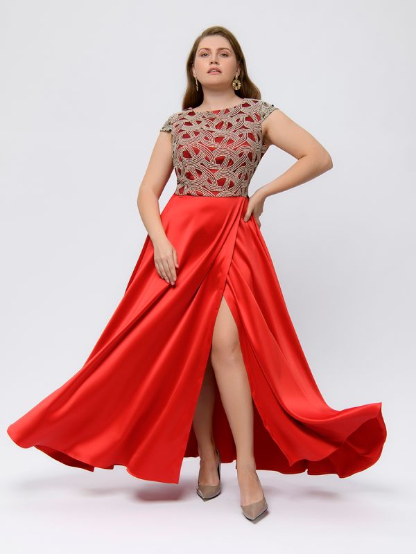 Red maxi length dress with lace and slit on skirt