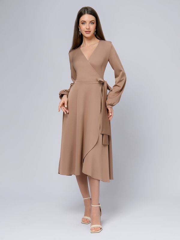 Beige midi length dress with long sleeves and flare