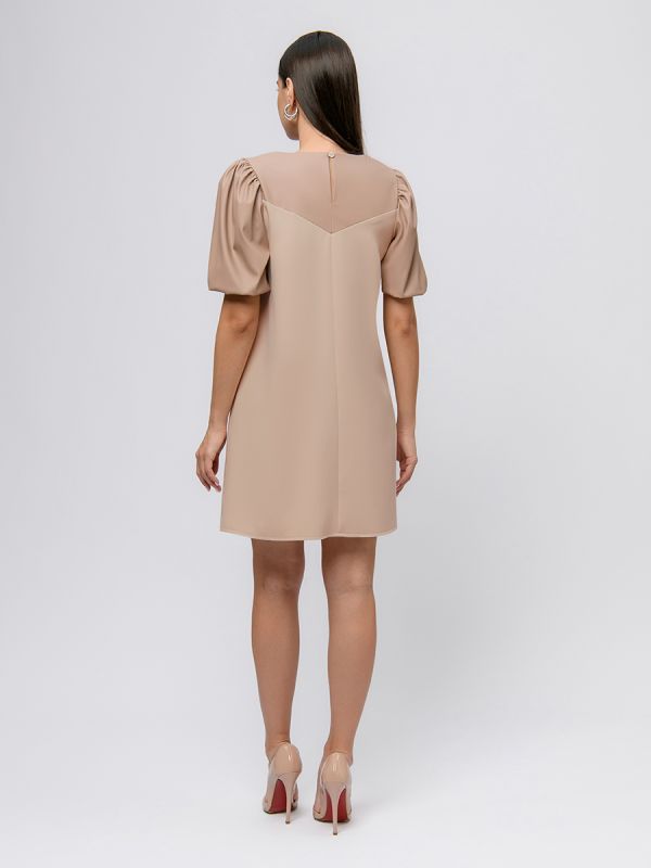 Beige mini length dress with puffed sleeves and leather inset