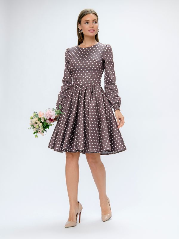 Beige polka dot mini length dress with puffed sleeves